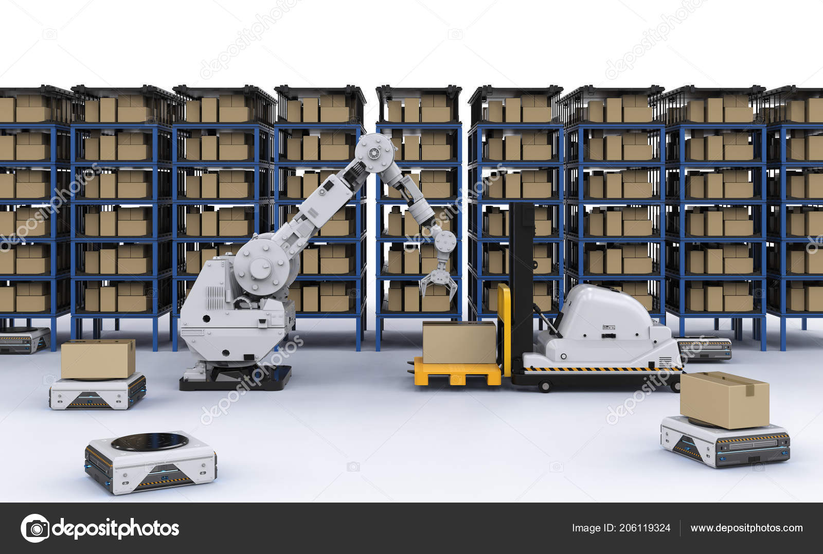 Automatic Warehouse Concept Rendering Robot Arm Forklift Truck ...
