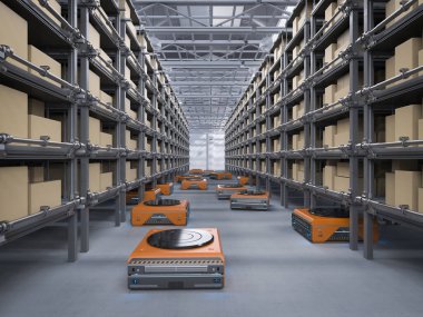 3d render ambar robot fabrikasında çalışmaya