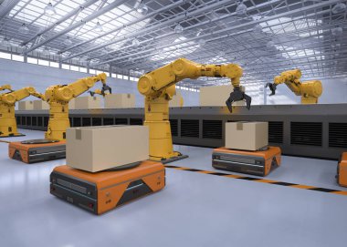 Otomasyon Fabrika kavramı ile 3d render robot kol ambar robot ve konveyör bant ile
