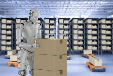 Ambar robot ile 3D render robot iş taşımak karton kutular