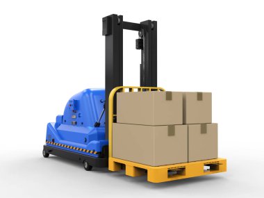 beyaz zemin üzerine karton kutular ile 3D render otomatik forklift