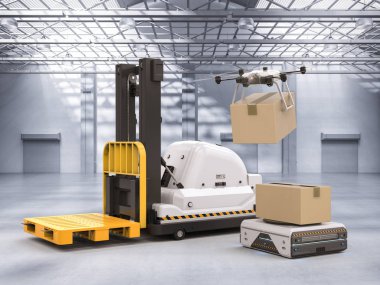 Ambar robot ve uçak fabrikası ile 3D render otomatik forklift
