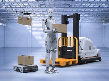 Ambar robot ve uçak fabrikası ile 3D render otomatik forklift