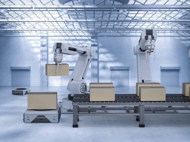 Otomasyon Fabrika kavramı ile 3d render robot kol ambar robot ve konveyör bant ile