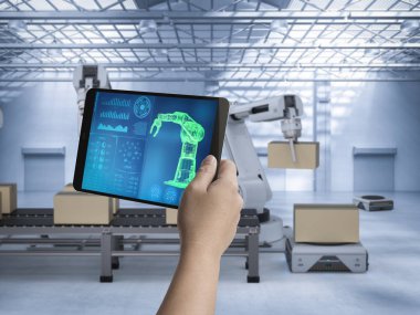 Teknisyen kontrol 3d render robot kolu fabrikasında