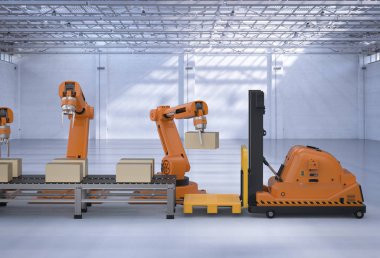 Otomatik depo kavramı ile 3d render robot kol forklift kamyon ve konveyör bel ile