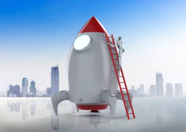 3D render robot astronot uzay mekiği üzerinde tırmanmaya 