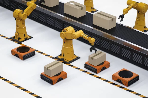 倉庫ロボットとコンベア ベルト付き レンダリング ロボット アームとオートメーション工場コンセプト — ストック写真