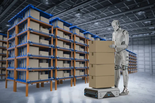 3d rendering robot work with warehouse robot carry cardboard boxes