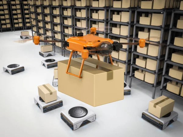 Automatizálás Raktár Fogalma Renderelés Szállítási Drone Karton Doboz Robot Raktár — Stock Fotó