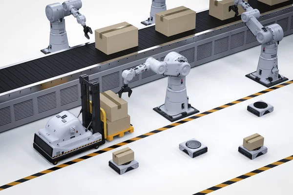 Automatic warehouse concept with 3d rendering robot arm with forklift truck and conveyor bel