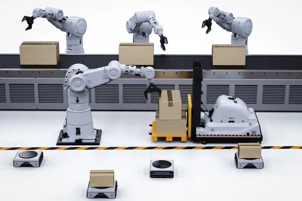 Automatic warehouse concept with 3d rendering robot arm with forklift truck and conveyor bel