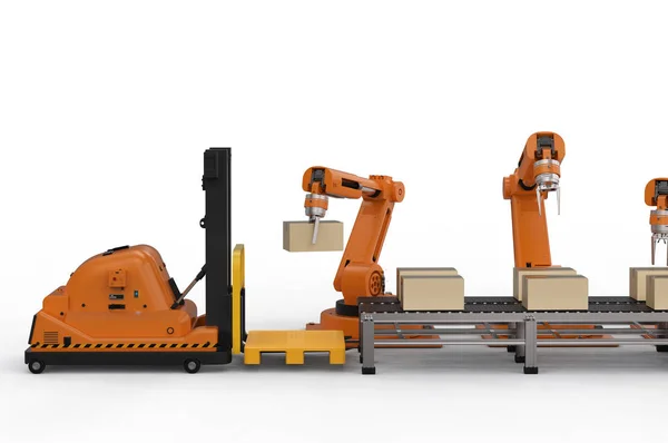 Automatic warehouse concept with 3d rendering robot arm with forklift truck and conveyor bel