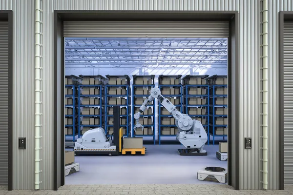 3d rendering automatic forklift and robot arm in warehouse