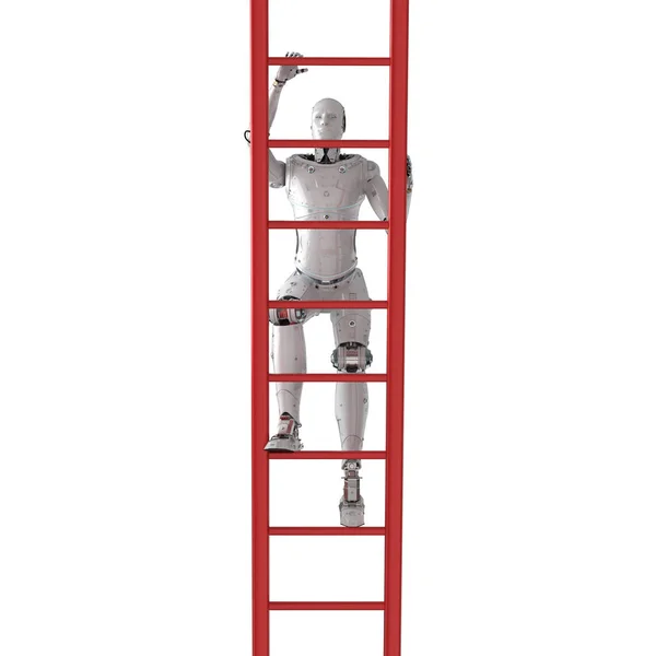 Рендеринга Робота Восхождения Красная Лестница Изолированы Белом — стоковое фото
