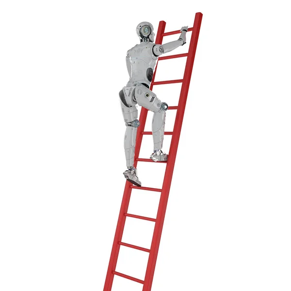 Rendering Roboter Klettern Auf Rote Leiter Isoliert Auf Weiße — Stockfoto