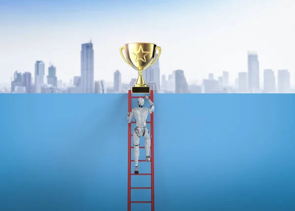 3d rendering robot climb to reach gold star trophy