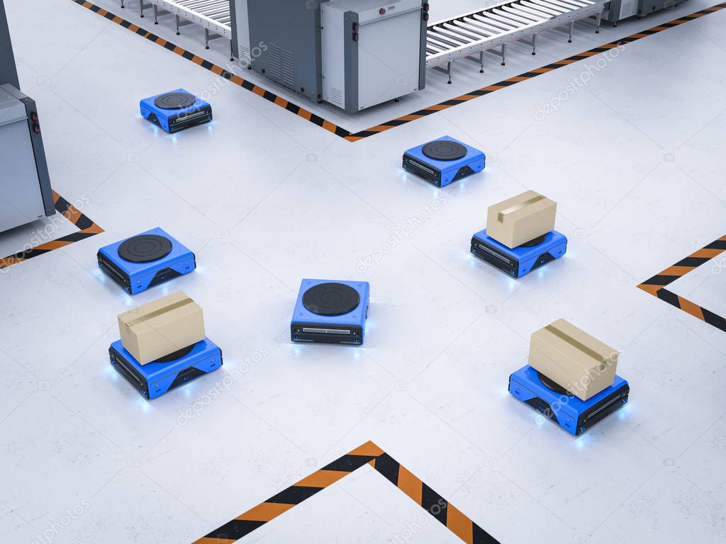 3d rendering warehouse robot carry cardboard box