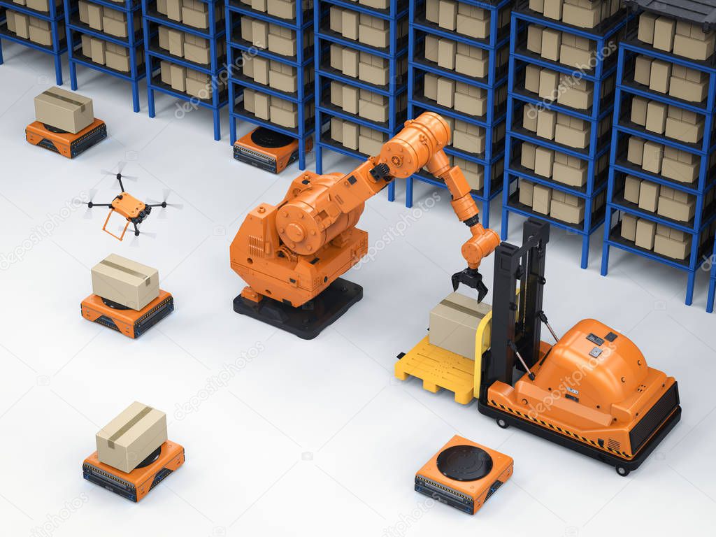 Automatic warehouse concept with 3d rendering automation robot work in warehouse