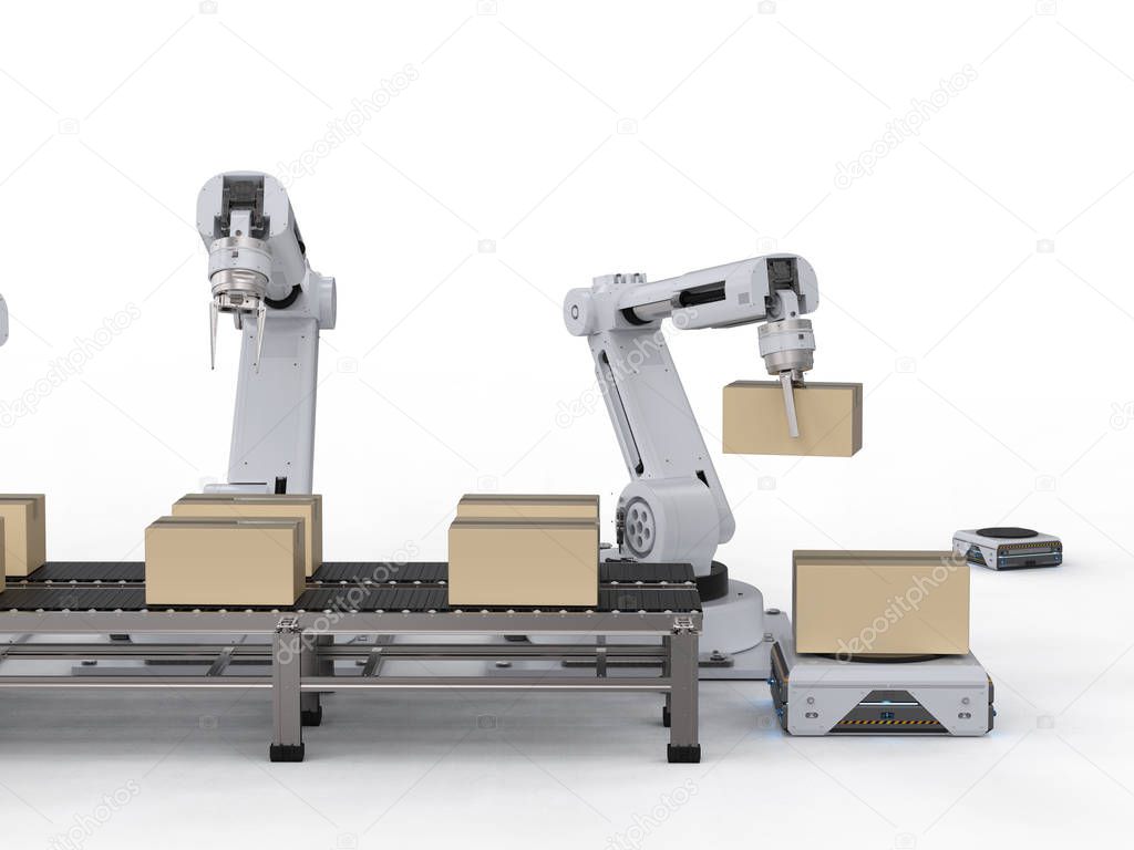 Automation factory concept with 3d rendering robot arm with warehouse robot and conveyor belt