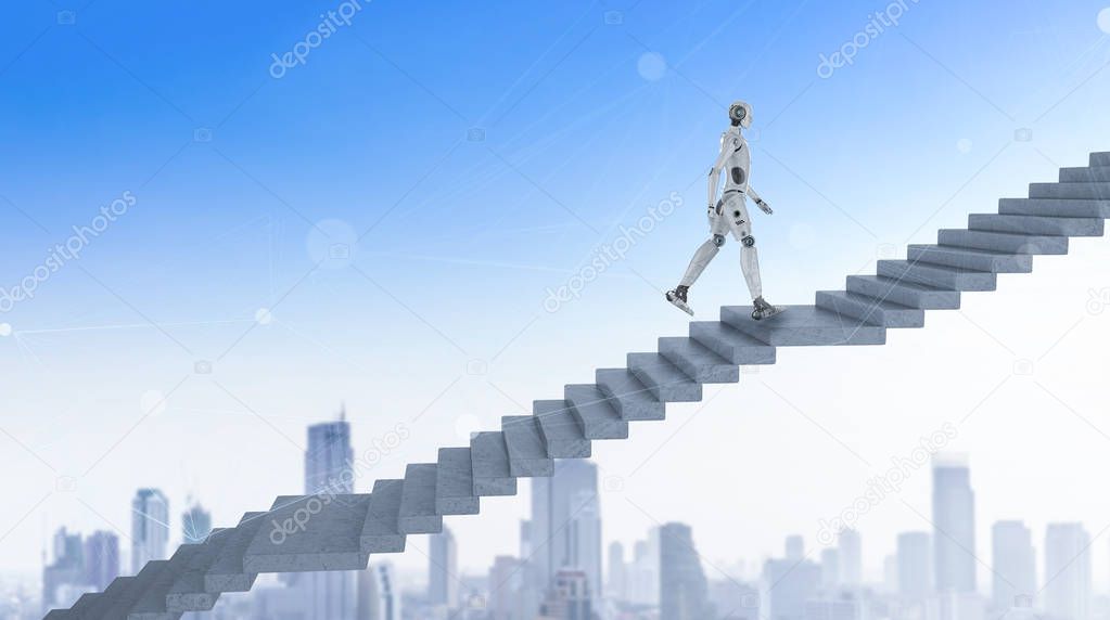 3d rendering robot climb or walk up staircase 