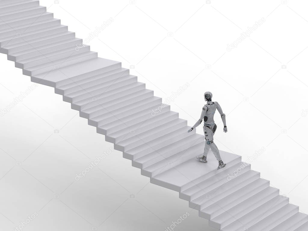 3d rendering robot climb or walk up staircase 