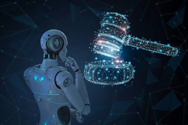 Internet Hukuku kavramı ile 3d render AI robot tokmak ile Yargıç