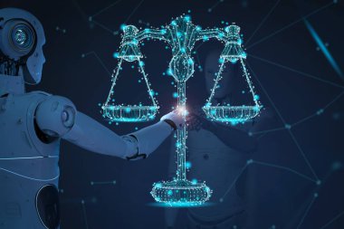 Internet Hukuku kavramı hukuk ölçek ile 3d render AI robot ile