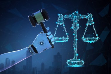 Internet Hukuku kavramı hukuk ölçek ve tokmak Yargıç ile 3d render AI robot ile