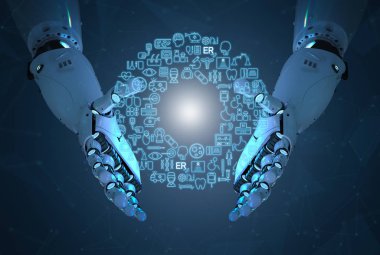 Tıbbi teknoloji kavramı ile 3d render AI robot tıbbi hud arabirimiyle çalışma 