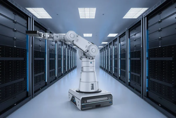 Ramię Robota Renderowania Działa Serwerowni — Zdjęcie stockowe