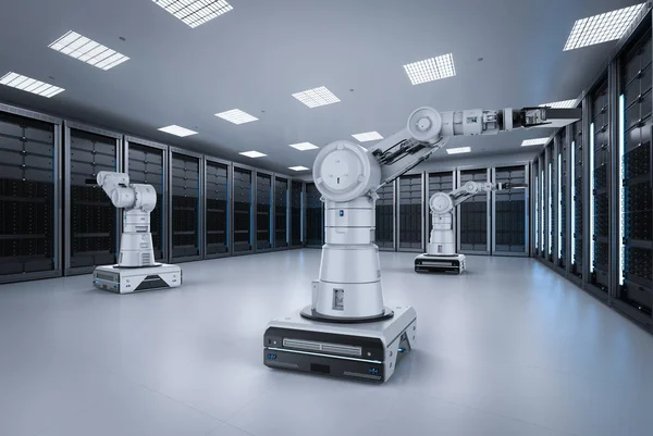 3d rendering robot arms work in server room