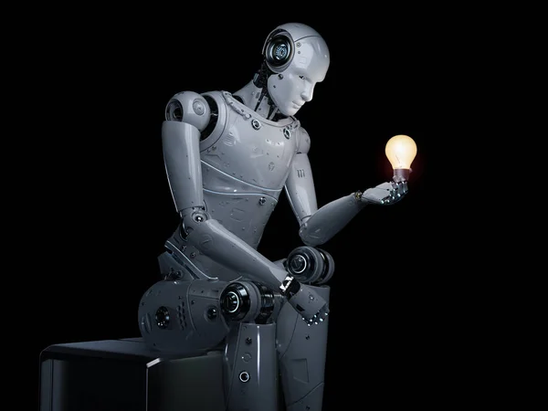 Concetto Creatività Con Robot Rendering Tenere Lampadina — Foto Stock