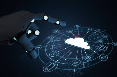 3D render AI robot bulut bilgisayar ve teknoloji simgeleri ile
