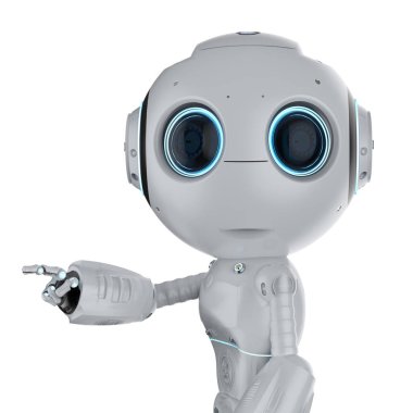 3d render şirin mini robot parmak işareti üzerinde beyaz izole