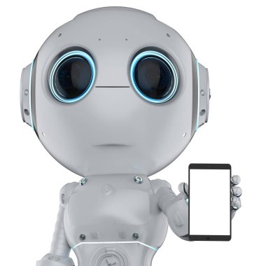 3D render güzel yapay zeka robot ile boş perde telefon