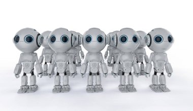3D rendering grup şirin yapay zeka robotlar çizgi film karakteri ile 