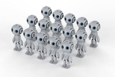 3D rendering grup şirin yapay zeka robotlar çizgi film karakteri ile 