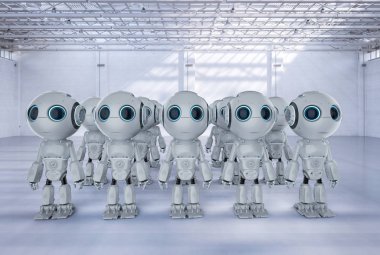3D rendering grup şirin yapay zeka robotlar çizgi film karakteri ile 