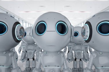 3D rendering grup şirin yapay zeka robotlar çizgi film karakteri ile 