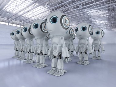 3D rendering grup şirin yapay zeka robotlar çizgi film karakteri ile 