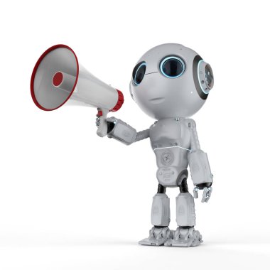 3D render güzel yapay zeka robot megafon tutun