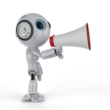 3D render güzel yapay zeka robot megafon tutun