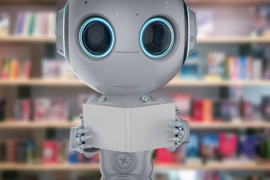Makine öğrenme kavramı ile 3d render güzel yapay zeka robot kitap okur