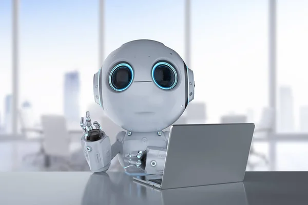 Rendering Cute Artificial Intelligence Robot Computer Notebook — Stock Photo, Image