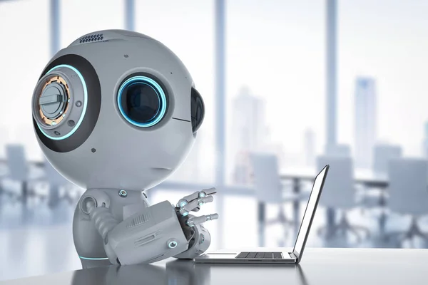 3d rendering cute artificial intelligence robot with computer notebook