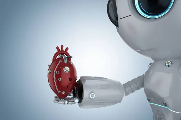 3d rendering cute artificial intelligence robot with red robotic heart