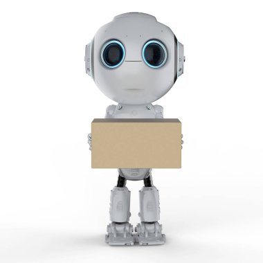 3D render mini robot taşımak karton kutular