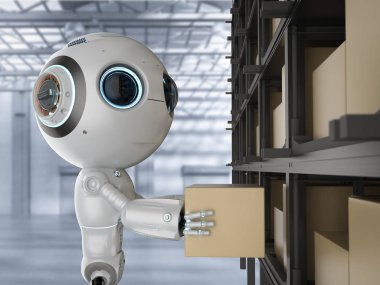3D render mini robot taşımak karton kutular