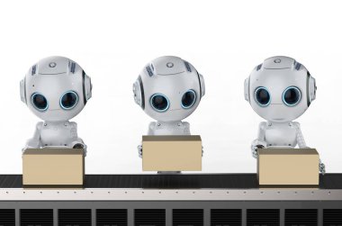 3D render mini robot kutuları faktör bir konveyör satır ile